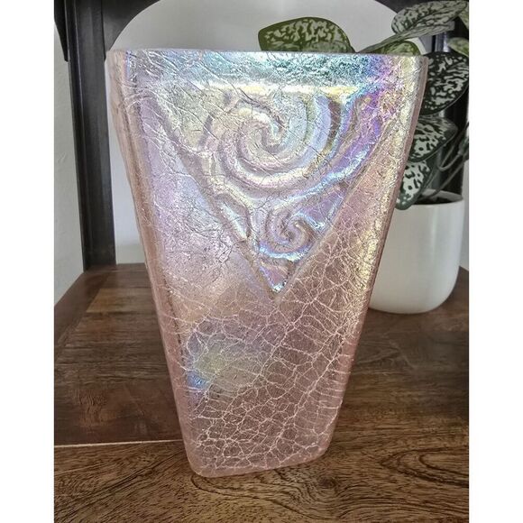 Art Deco Style Pink Iridescent Crackle Glass  7 Inch Vase - Picture 1 of 14